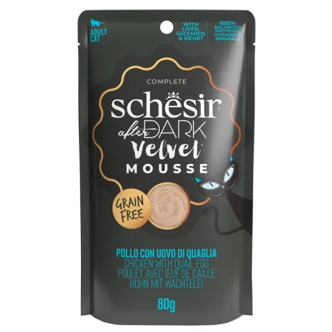 SCHESIR GATTO DARK VELVET MOUSSE POLLO UOVO DI QUAGLIA 80GR (bustina) SCHESIR GATTO DARK VELVET MOUSSE POLLO UOVO DI QUAGLIA 80GR (bustina)