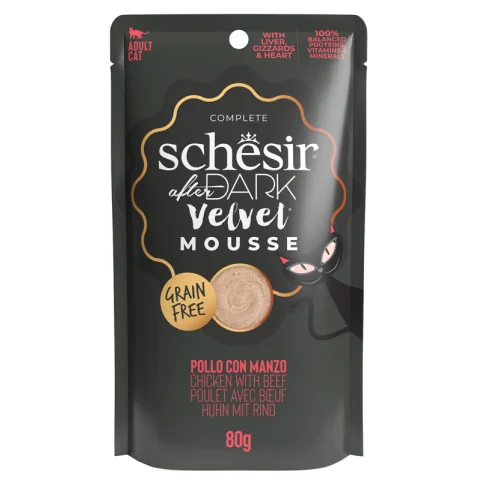 SCHESIR GATTO DARK VELVET MOUSSE ADULT POLLO MANZO 80GR (bustina) SCHESIR GATTO DARK VELVET MOUSSE ADULT POLLO MANZO 80GR (bustina)