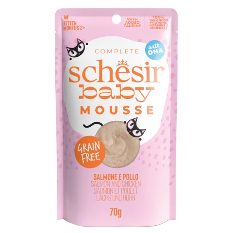 SCHESIR GATTO BABY MOUSSE KITTEN GRAIN FREE SALMONE POLLO 70GR (bustina)