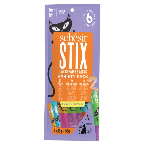 SCHESIR GATTO SNACK STIX CREAMY POLLO/SALMONE/ANATRA 6PZ 15GR SCHESIR GATTO SNACK STIX CREAMY POLLO/SALMONE/ANATRA 6PZ 15GR
