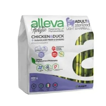 ALLEVA HOLISTIC CAT ADULT & STERILIZED LIGHT & HAIRBALL CHICKEN & DUCK + SUGARCANE FIBER & GINSENG KG 0,400 - P00271H
