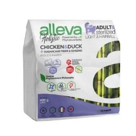 ALLEVA HOLISTIC CAT ADULT & STERILIZED LIGHT & HAIRBALL CHICKEN & DUCK + SUGARCANE FIBER & GINSENG KG 0,400 - P00271H