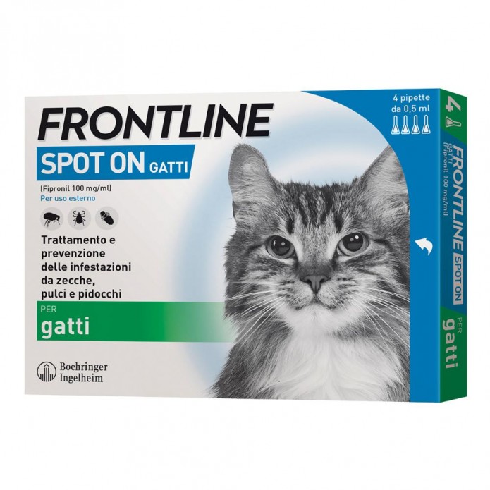 Frontline Spot On Gatti 4 Pipette 0,5 ml - Antiparassitario di lunga durata protezione da zecche pulci e pidocchi, Merial