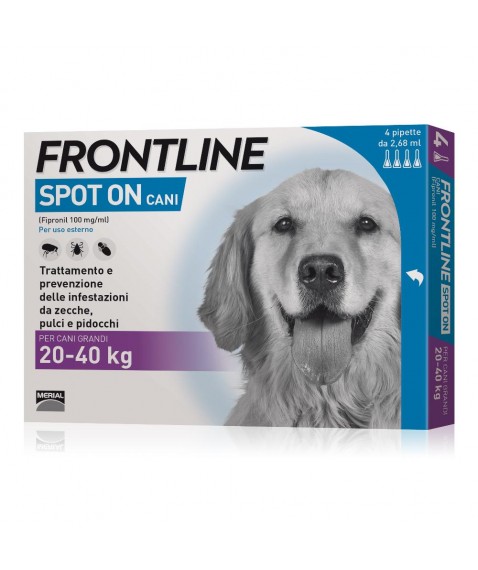 Frontline Spot On Antiparassitario Cani Taglia Grande 20-40 kg 4 Pipette da 2,68 ml - Trattamento e prevenzione delle infestazioni da zecche pulci e pidocchi