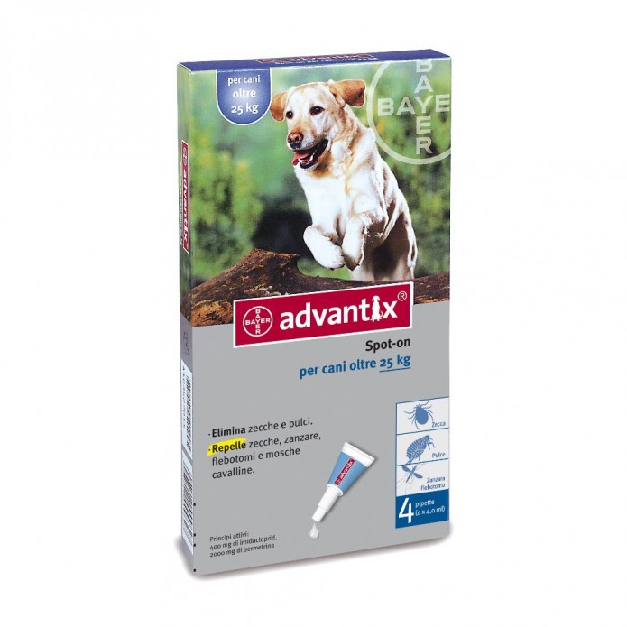 Advantix SPOT-ON 4 pipette 4 ml da 25 kg a 40 kg Antiparassitario per cani di grossa taglia
