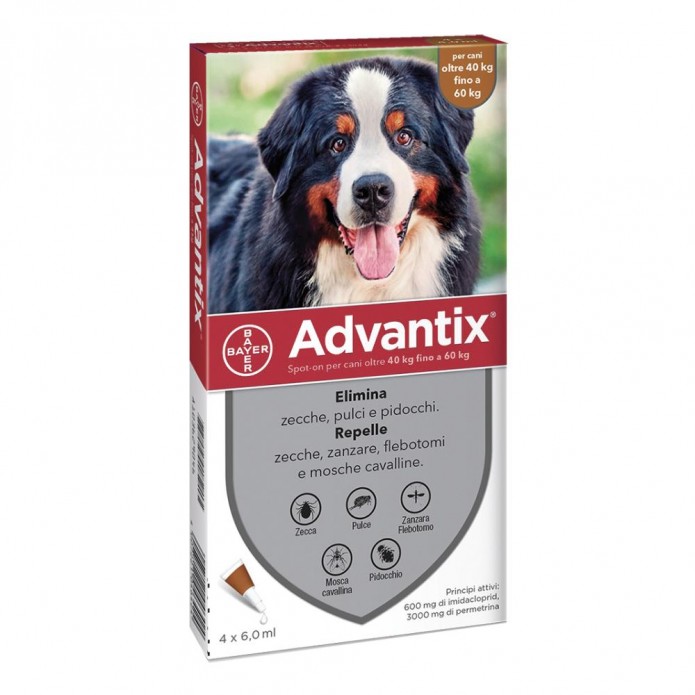 Advantix Spot-On 4 Pipette 6 ml per Cani di Taglia Molto Grande da 40 a 60 kg - Antiparassitario 
