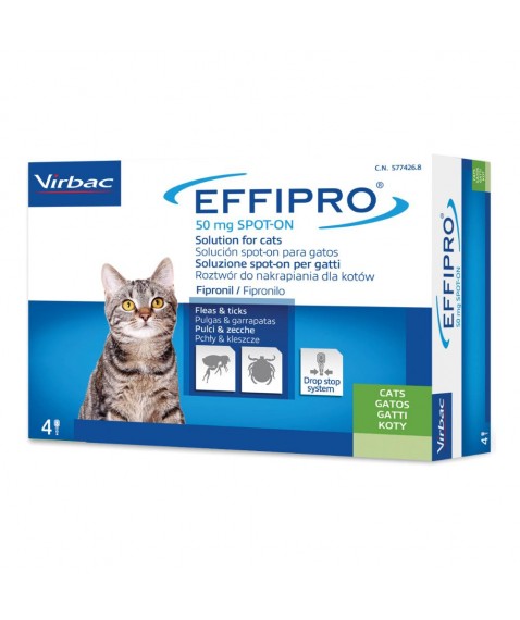 Effipro Spot-On Gatto Antiparassitario 4 Pipette 50 mg - Trattamento delle infestazioni da pulci e zecche 