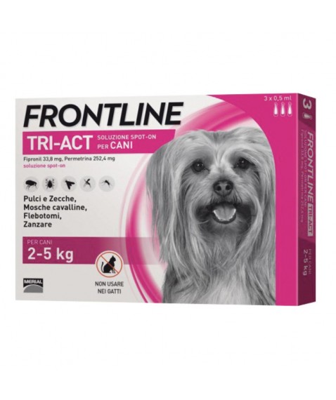 Frontline Tri-Act Spot On Antiparassitario per Cani 2-5 kg 3 Pipette da 0,5 ml - Protezione da pulci zecche pappataci mosche cavalline e zanzare