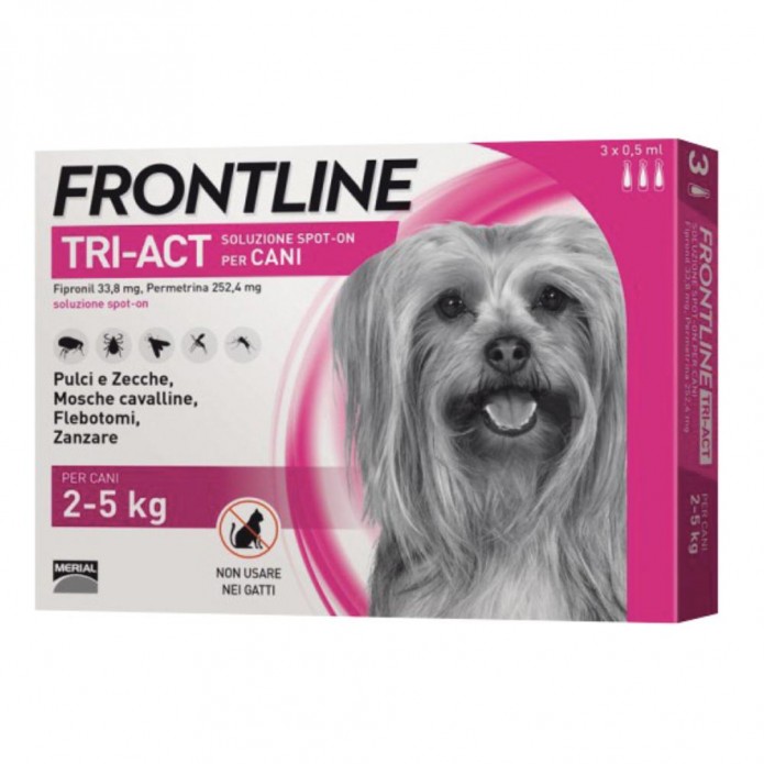 Frontline Tri-Act Spot On Antiparassitario per Cani 2-5 kg 3 Pipette da 0,5 ml - Protezione da pulci zecche pappataci mosche cavalline e zanzare