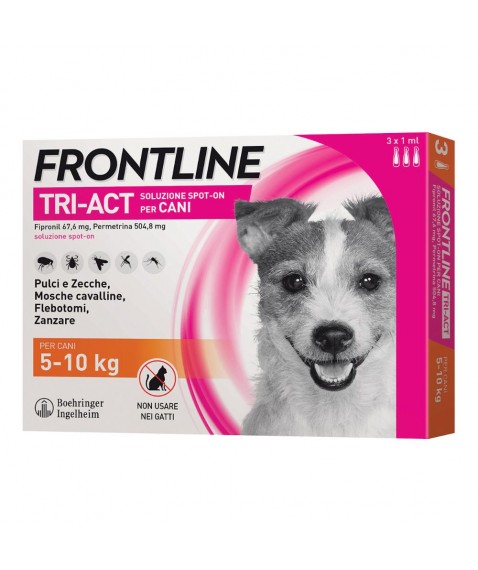 Frontline Tri-Act Spot On Antiparassitario per Cani 5-10 kg 3 Pipette da 1 ml - Protezione da pulci zecche pappataci mosche cavalline e zanzare