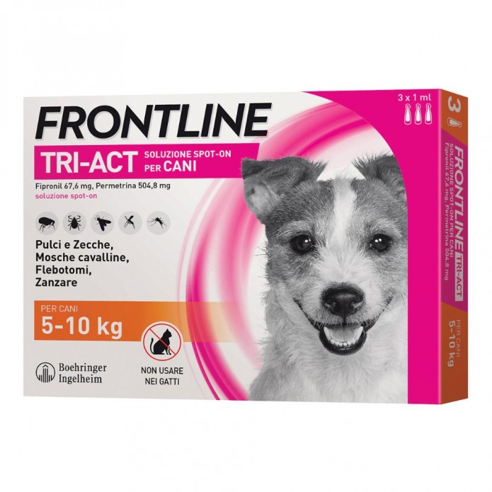 Frontline Tri-Act Spot On Antiparassitario per Cani 5-10 kg 3 Pipette da 1 ml - Protezione da pulci zecche pappataci mosche cavalline e zanzare