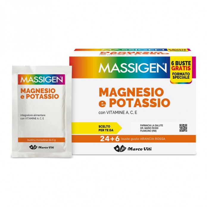 Massigen Magnesio e Potassio 24+6 Buste Gusto Arancia Rossa - Integratore alimentare con sali minerali e vitamine A C E