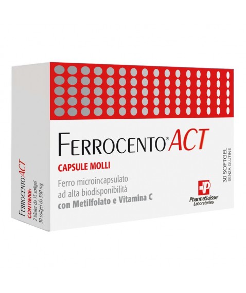 Ferrocento Act 30 Softgel - Integratore alimentare a base di Ferro, Acido folico e Vitamina C