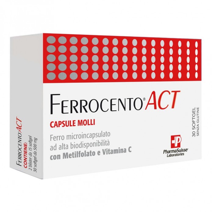 Ferrocento Act 30 Softgel - Integratore alimentare a base di Ferro, Acido folico e Vitamina C