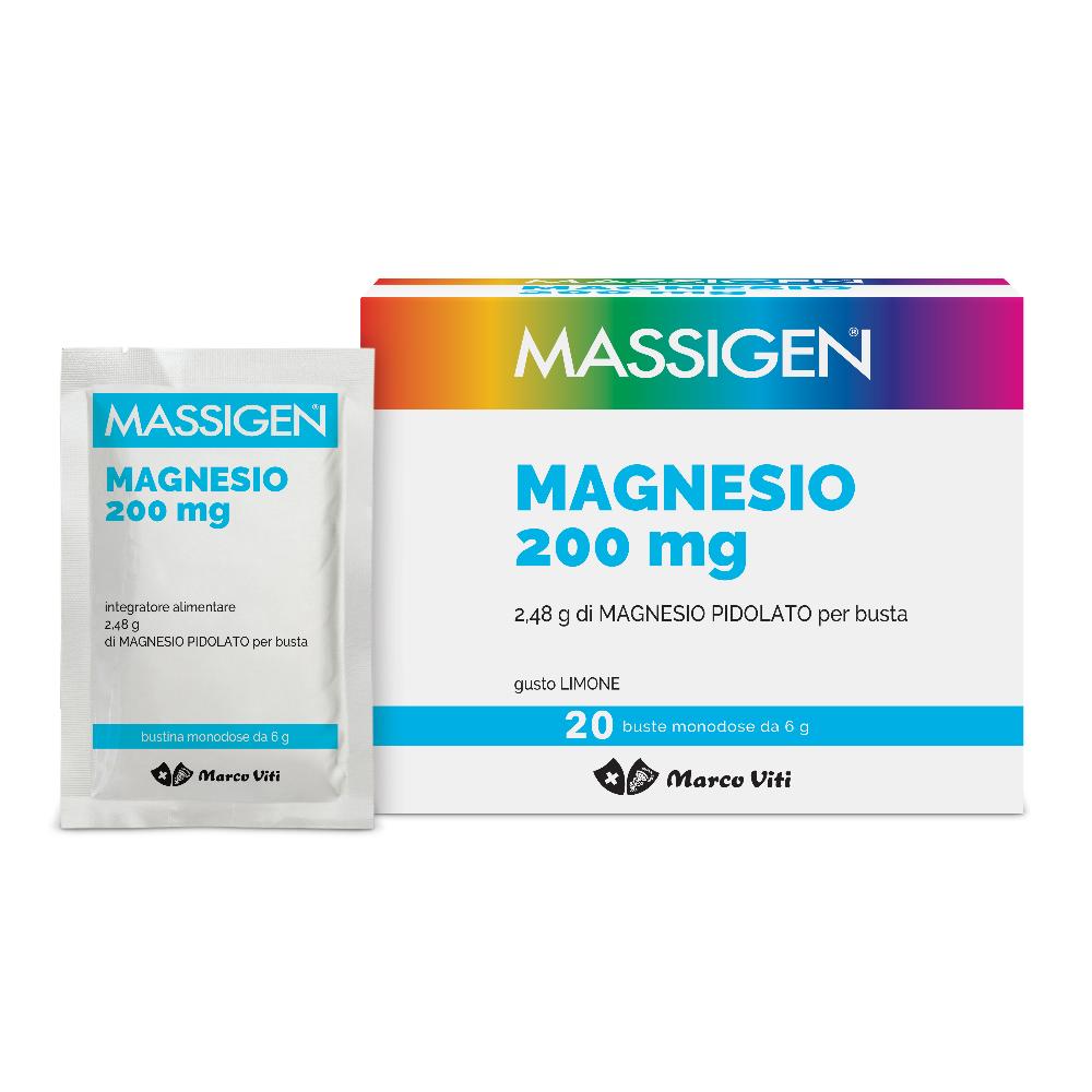 Massigen Magnesio 200 mg 20 Buste Monodose Gusto Limone - Integratore alimentare a base di magnesio pidolato